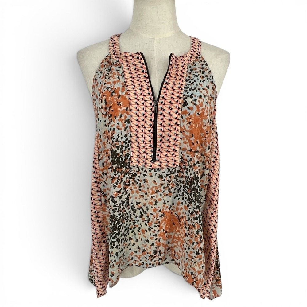 BCBGMAXAZRIA Womens Mixed Print Zip Front Sleeveless Blouse Orange Black Small